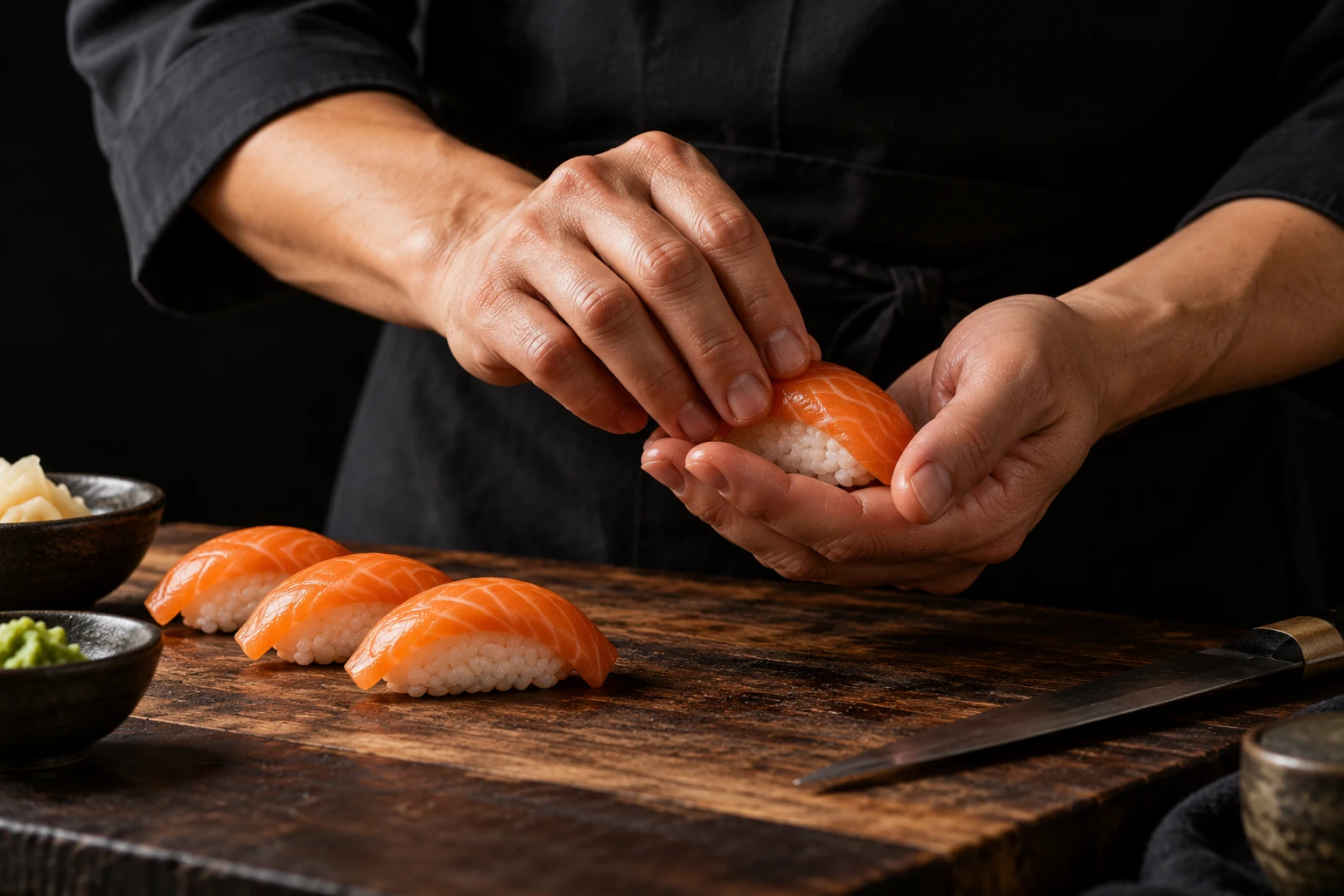 Zbliżenie dłoni formujących nigiri