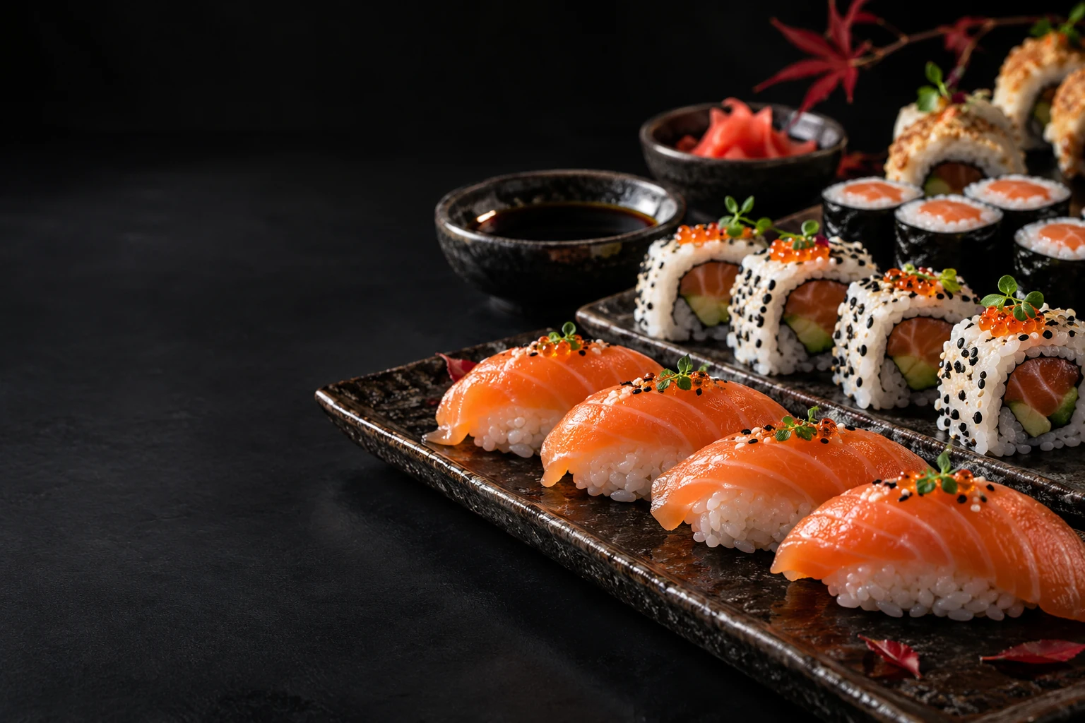 Nigiri z łososiem i rolki sushi na ciemnej ceramice