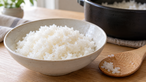 Błyszczące ziarna przygotowanego ryżu do sushi w misce