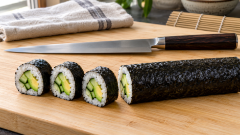 Równe kawałki maki z ogórkiem i awokado obok rolki i noża