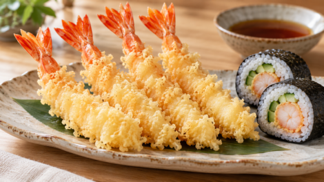 Krewetki w tempurze podane z ogonkami oraz przekroje rolek sushi