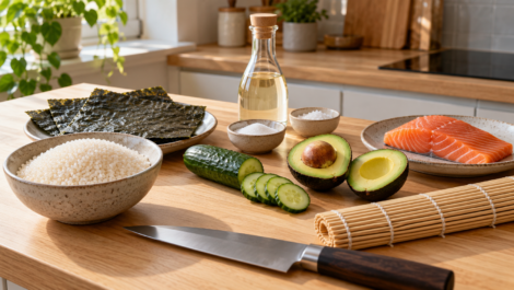 Ryż do sushi, nori, łosoś, ogórek i awokado na kuchennym blacie