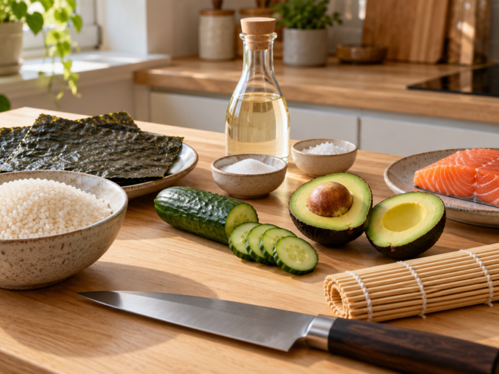 Ryż do sushi, nori, łosoś, ogórek i awokado na kuchennym blacie