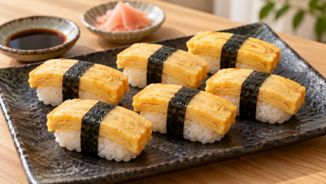 Nigiri z japońskim omletem tamago spięte paskami nori