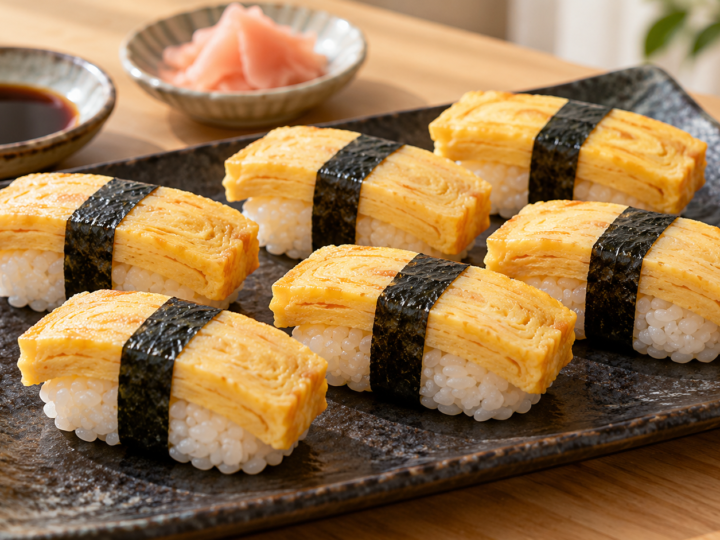 Nigiri z japońskim omletem tamago spięte paskami nori