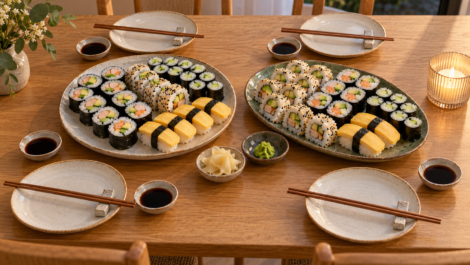 Domowy stół z półmiskami maki, uramaki i nigiri z tamago