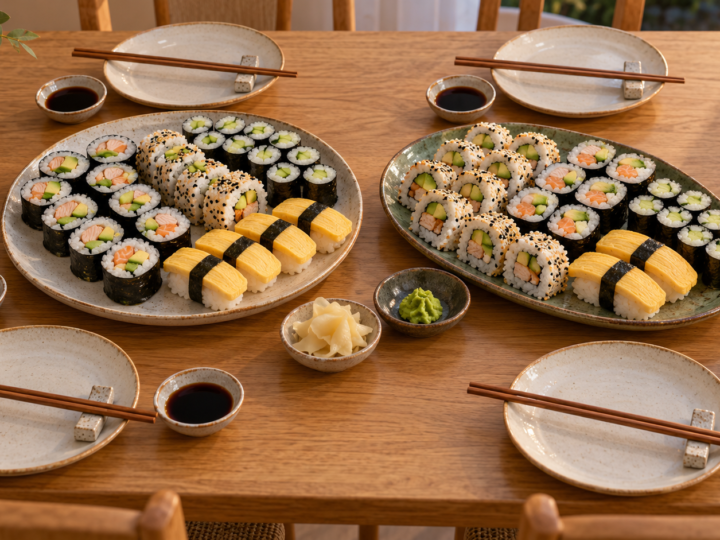 Domowy stół z półmiskami maki, uramaki i nigiri z tamago