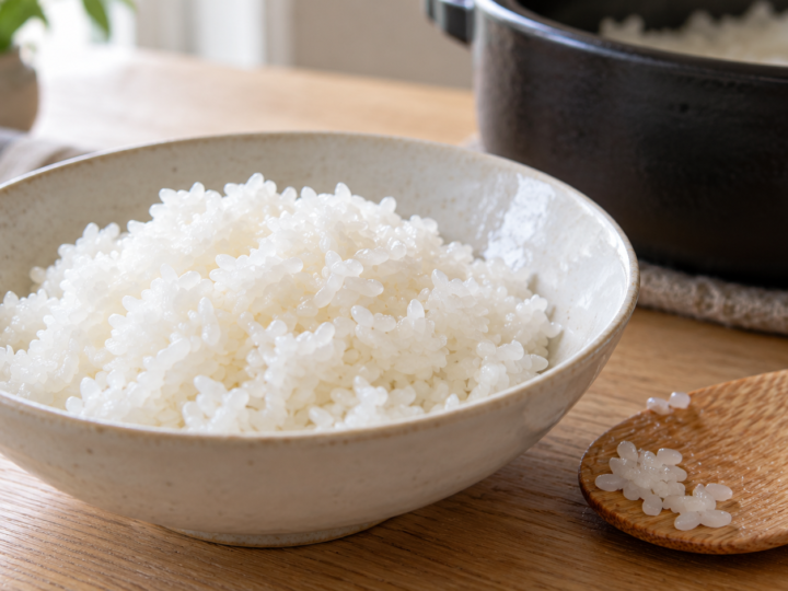 Błyszczące ziarna przygotowanego ryżu do sushi w misce