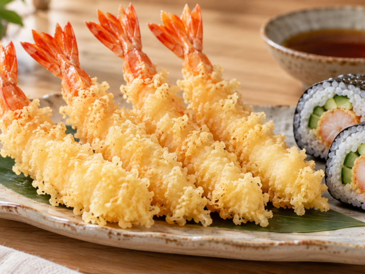 Krewetki w tempurze podane z ogonkami oraz przekroje rolek sushi